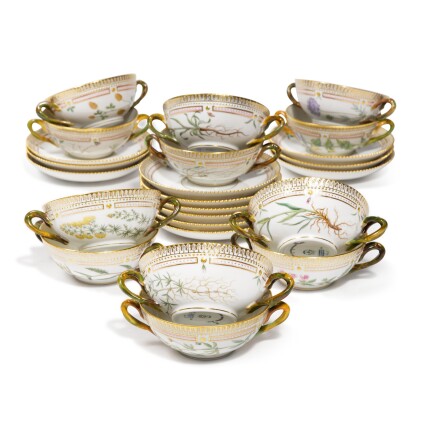 View 1 of Lot 339: Twelve Royal Copenhagen ‘Flora Danica’ two-handled soup bowls and stands, Modern