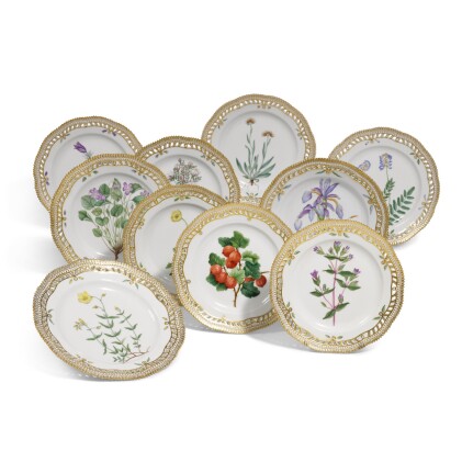 View 1 of Lot 329: Seven Royal Copenhagen 'Flora Danica' reticulated dinner plates and three reticulated dessert plates, Modern