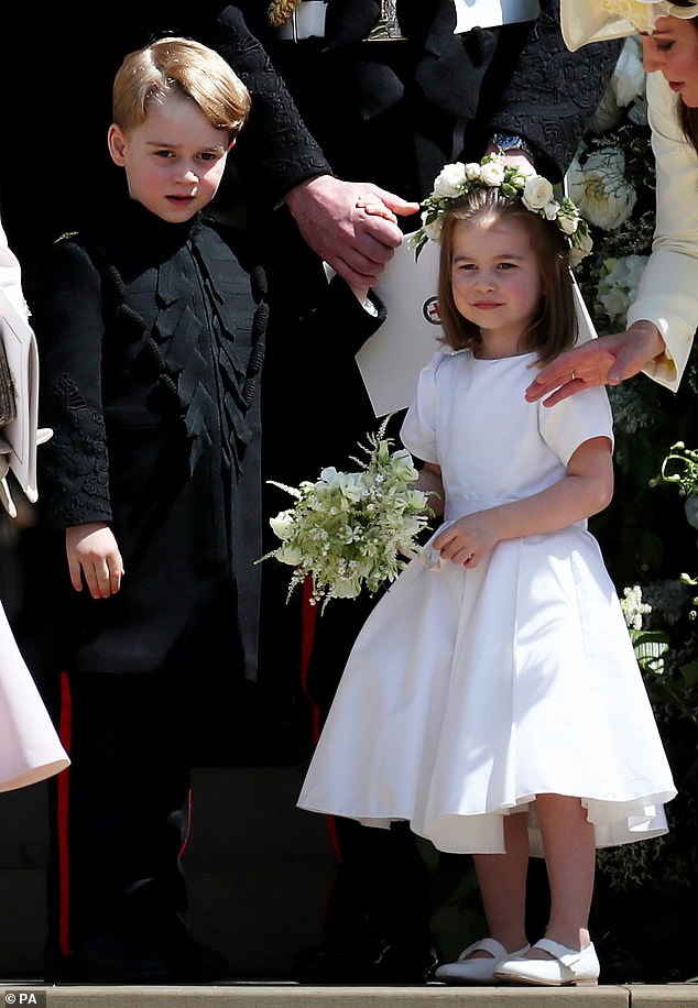 Meanwhile another insider revealed how the royal's relationship with Meghan fractured as Kate advocated for royal protocol and said bridesmaids at the royal wedding should wear tights (pictured, Princess Charlotte at the wedding)